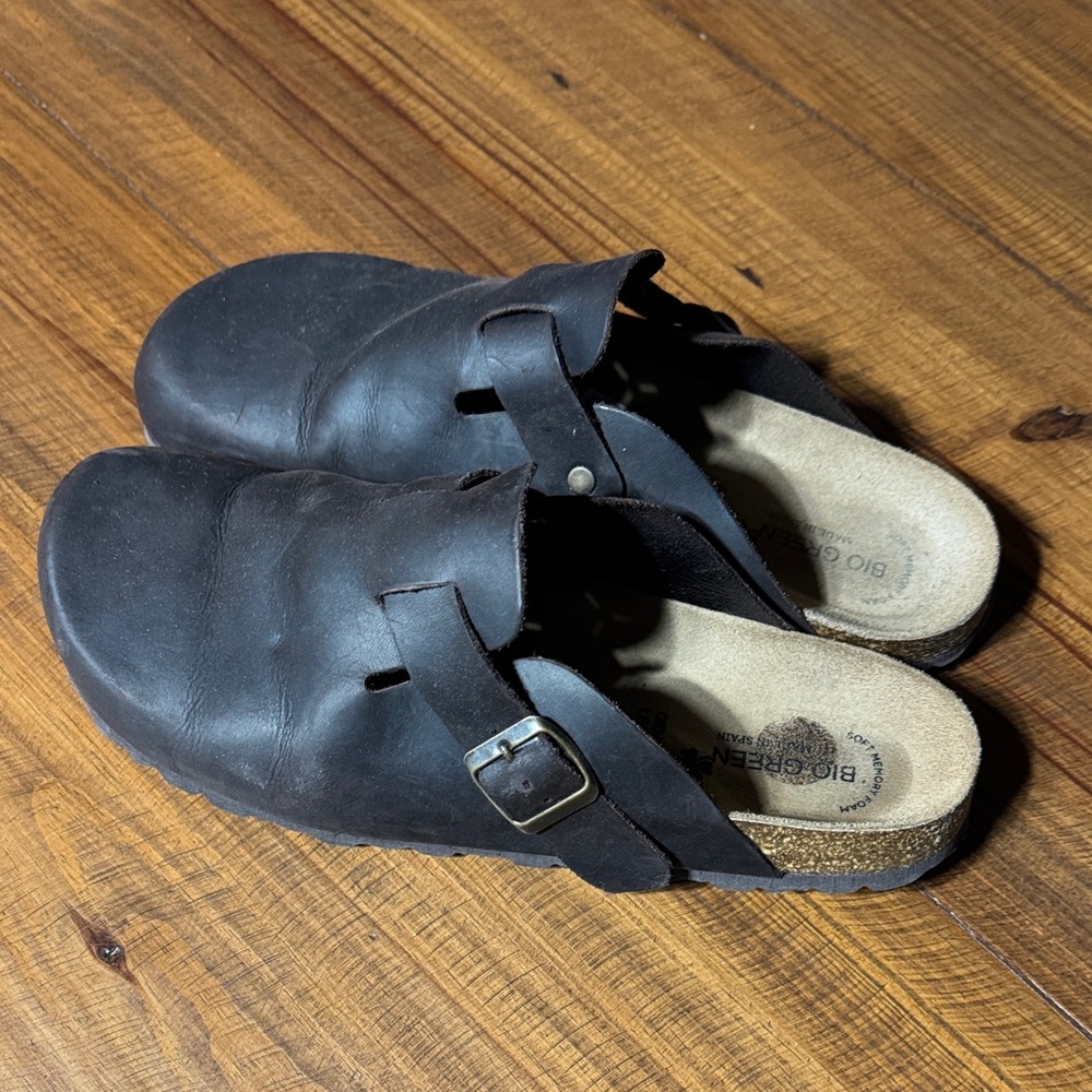 Dark Brown Leather Clogs with Buckle